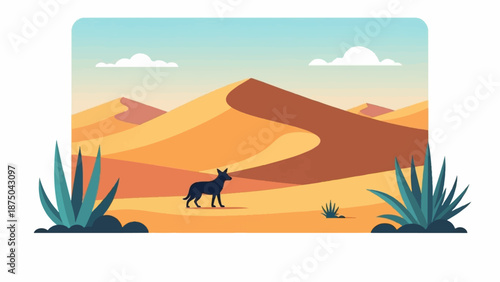 A stylized illustration of a desert with a lone jackal silhouette amid sand dunes and green plants