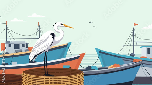 A stylized illustration of a white heron perched on a basket in a busy fishing boat harbor