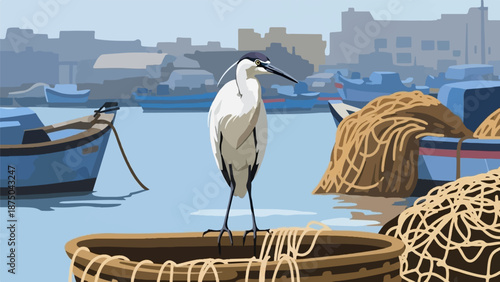 A stylized illustration of a white heron perched on a basket in a busy fishing harbor with boats