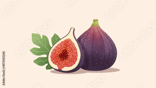 A stylized illustration of a whole and halved purple fig with a green leaf on a light background