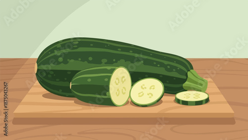 A stylized illustration of a whole and sliced green zucchini resting on a wooden cutting board