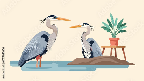 A stylized illustration of two grey herons, one wading, with a potted plant on a small stool