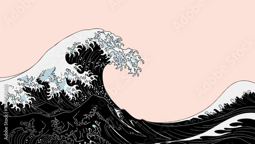 A stylized Japanese Ukiyo-e illustration of a great ocean wave against a soft pink sky.