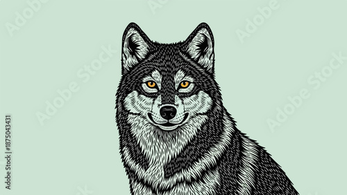 A stylized linocut illustration of a gray wolf with piercing yellow eyes on a pale green background