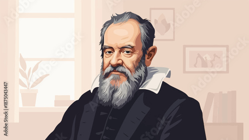 A stylized portrait of a bearded, grey-haired scholar in a simple room with a thoughtful gaze