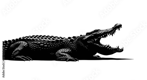 Detailed silhouette of a large crocodile or alligator with its mouth open wide showing sharp teeth