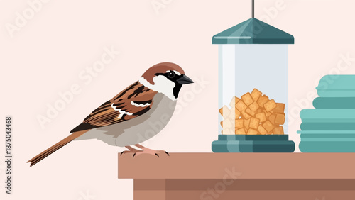 A stylized sparrow perches on a ledge beside a hanging bird feeder filled with cubed treats