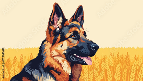 A stylized portrait of a German Shepherd dog with alert ears, sitting in a golden wheat field