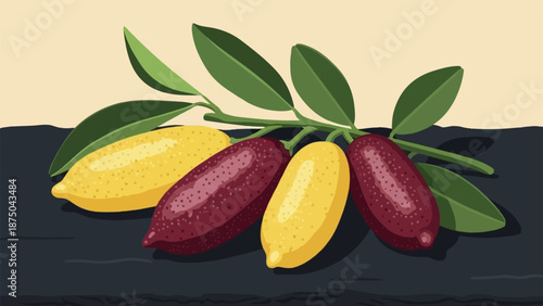 A stylized still life of yellow and red finger limes with leaves on a dark, textured surface