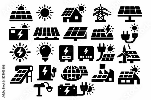 Black solar energy icons set featuring panels, batteries, and power symbols