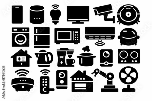 Smart home devices icons: appliances, security, and connectivity technology symbols