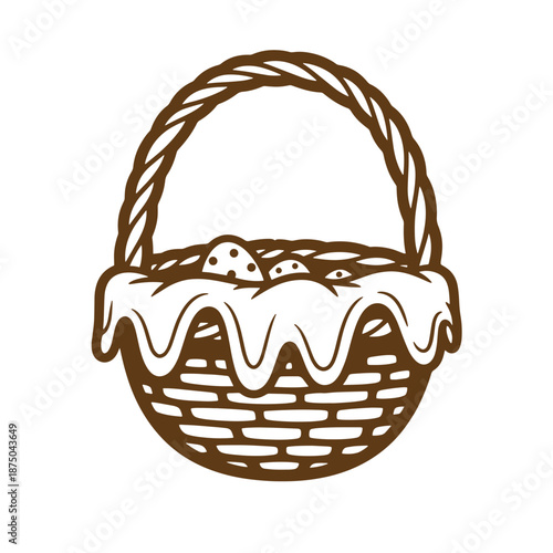 Vintage Brown wicker basket with melted white chocolate and eggs on top  sweet food illustration
