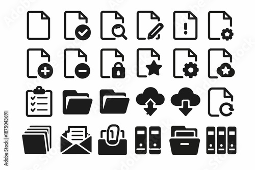Set of document and folder icons with cloud and gear symbols