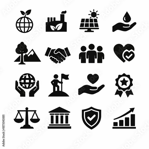 Environmental sustainability and ethics icons: renewable energy, conservation, collaboration