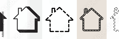 A series of black and white house with different line styles and an arrow pointing to the right