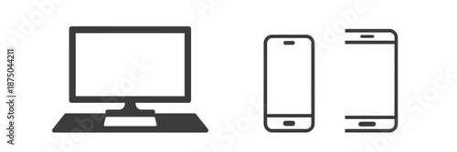 Black and white of a computer monitor and two smartphones