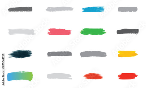 Collection of colorful abstract brush strokes, paint splatters, and circular shapes for artistic and design projects.