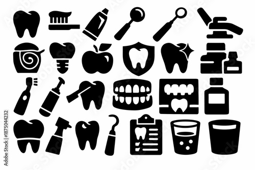 Dental care icons: toothpaste, toothbrush, magnifier, apple, dentist tools, mouthwash