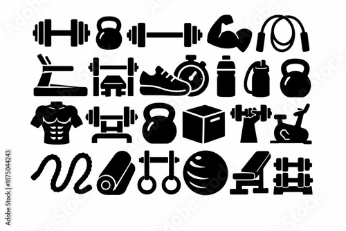 Collection of fitness and gym equipment icons: dumbbells, barbells, treadmill, jump rope