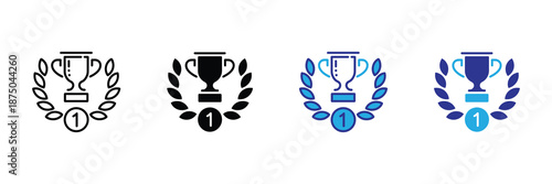 Vector illustration icon collection of four award trophy icons in different colors and styles for recognition and achievement symbolizing success and victory in various designs