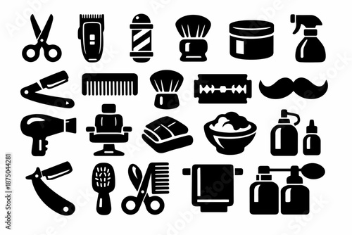 Barber icons collection: tools and accessories for hair grooming and styling