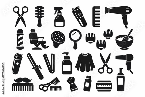 Barber and hair salon tool icons: scissors, brushes, clippers, and more