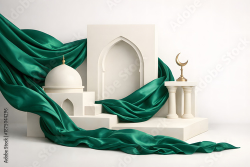Luxurious emerald fabric texture with ivory architectural Eid background visual concept