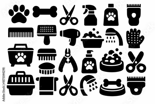 Black and white pet grooming icons featuring tools and accessories for dog and cat care