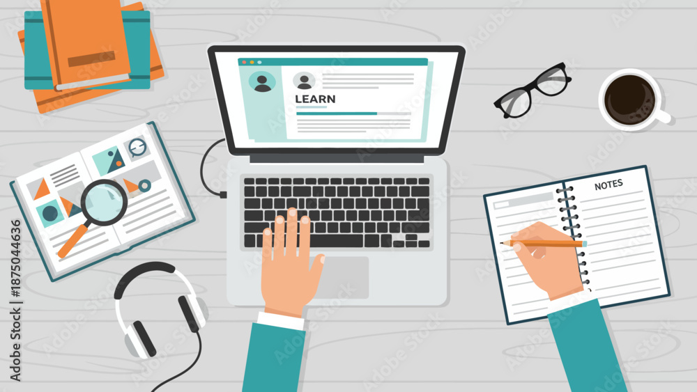 Fototapeta premium Productive online learning and remote education setup with a person using a laptop, headphones, and study materials for acquiring knowledge and developing skills