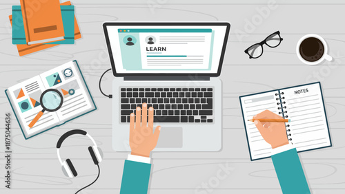 Productive online learning and remote education setup with a person using a laptop, headphones, and study materials for acquiring knowledge and developing skills