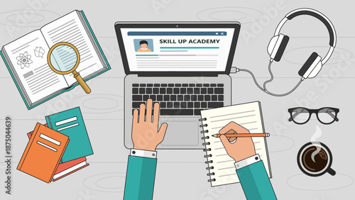 Online learning and skill development A top-down view of a workspace with a laptop displaying an educational platform, books, headphones, and a notebook for studying