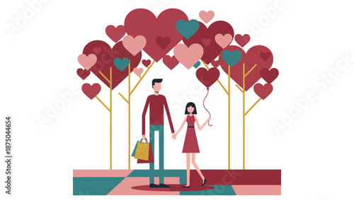 Happy couple enjoying a romantic stroll and shopping trip, holding hands under whimsical heart trees, celebrating love and togetherness on a sweet date