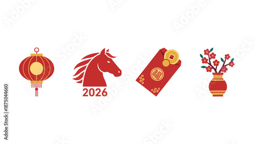 Chinese New Year 2026 Horse Lantern Red Envelope and Cherry Blossoms Vector Icons