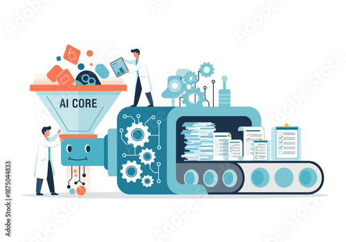 Advanced AI Core Engine Processing Diverse Data Inputs into Organized Information and Valuable Insights Through Automated Machine Learning and Expert Oversight