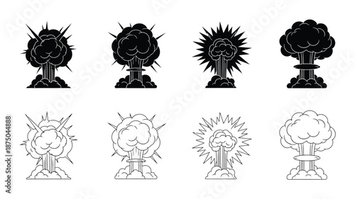 a set of eight different explosion icons in black and white