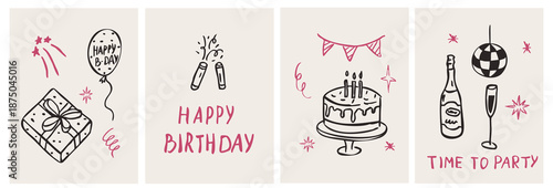Doodle vector happy birthday posters set