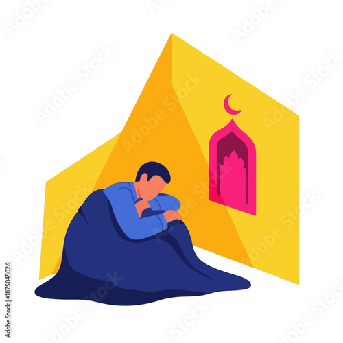 Muslim man covered in blanket sitting or sleeping inside mosque near window during Itikaf or night prayer vector illustration