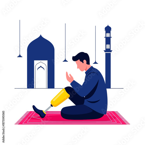 Muslim man with prosthetic leg sitting on prayer mat praying inside mosque vector illustration concept of disability and faith