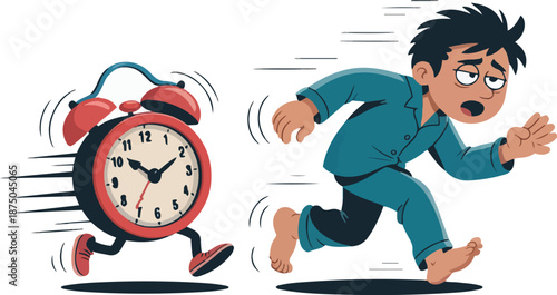 Chasing Time Flat Vector Illustration of a Running Alarm Clock Chasing an Exhausted Man in Pajamas