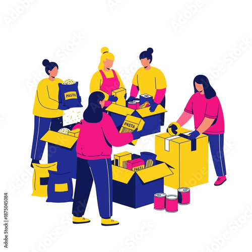 Group of female volunteers packing food donation boxes for charity and community service vector illustration