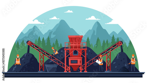 Vector illustration of construction workers operating heavy machinery in a mountainous landscape with rocky terrain and trees
