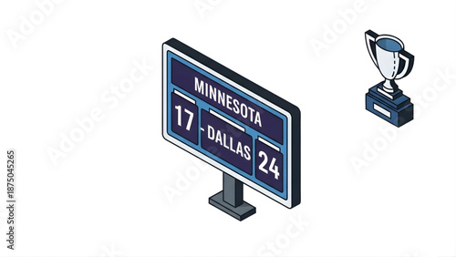 Sports score board and trophy illustration showing Minnesota vs Dallas with a 17-24 score