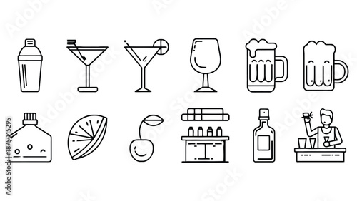 A colorful illustration of various cocktail and bar icons on a white background