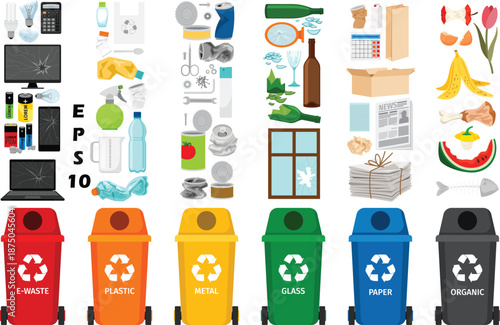 Waste Sorting and Recycling Bin Vector Set. Colorful Garbage Containers for E-waste, Plastic, Metal, Glass, Paper, and Organic Waste with Corresponding Trash Icons. Environmental Sustainability