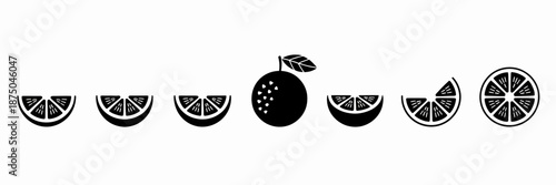 Black and white of various fruit slices and a whole fruit citrus