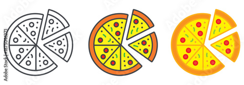 Three delicious pizza icons in outline, flat, and gradient styles with a separated slice