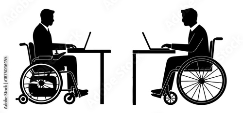 Silhouettes of Businessmen in Wheelchairs Working at a Desk