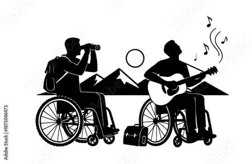 Disabled musicians silhouettes playing guitar and camera wheelchair illustration