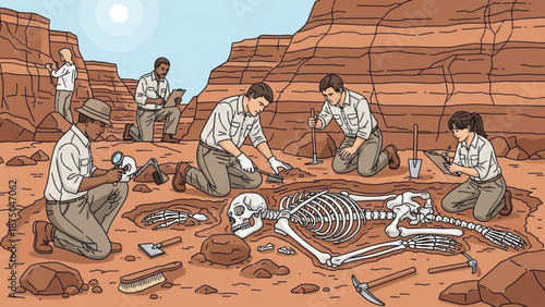 Archaeologists excavating a human skeleton in a desert canyon illustrating paleontology and historical discovery vector illustration for educati