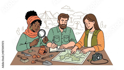 Archaeologists studying a map with tools and artifacts teamwork and discovery concept illustration for education and research